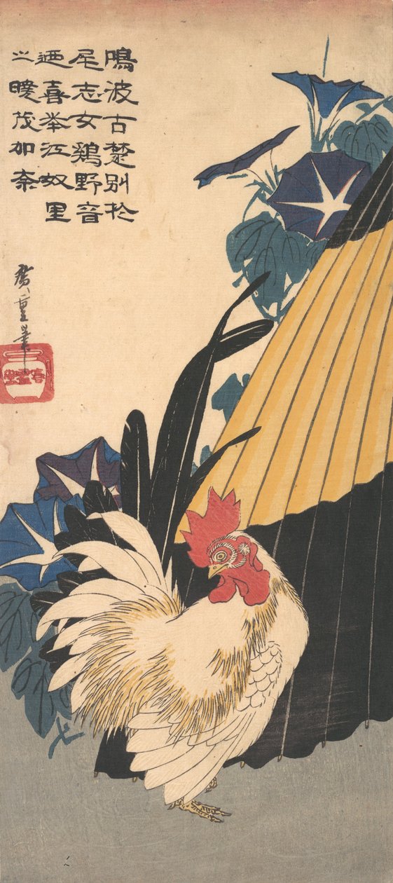 Hane, paraply og Morning Glories, ca. 1830., ca. 1830. af Ando Hiroshige