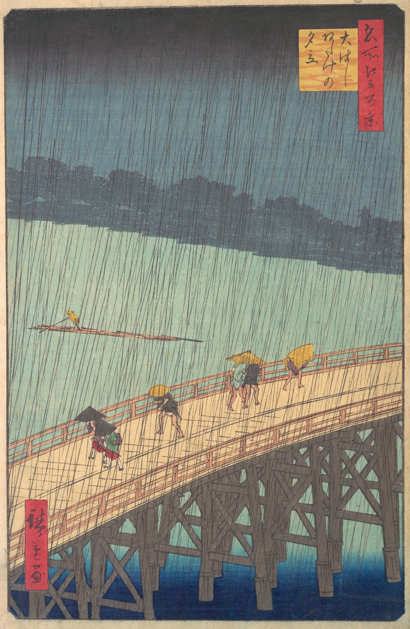 Sudden Shower over Shin-Ohashi Bridge and Atake Ohashi Atake no yudachi, from the series..., 1857. af Ando Hiroshige