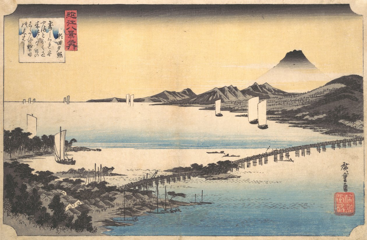 Sunset Glow at Seta Seta sekisho, fra serien Eight Views of Omi Province Omi ha..., 1834-35. af Ando Hiroshige