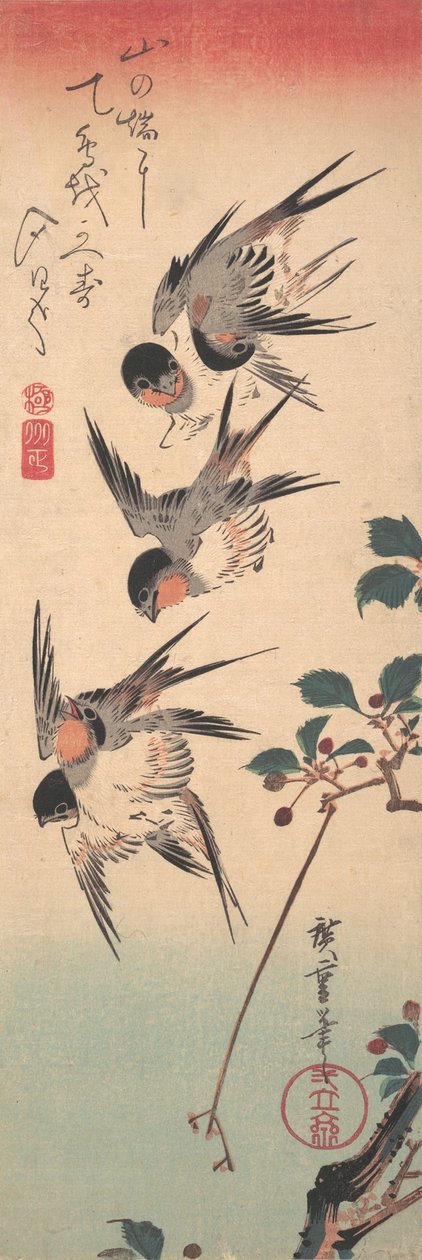 Svaler og spirende vilde kirsebær, ca. 1835., ca. 1835. af Ando Hiroshige