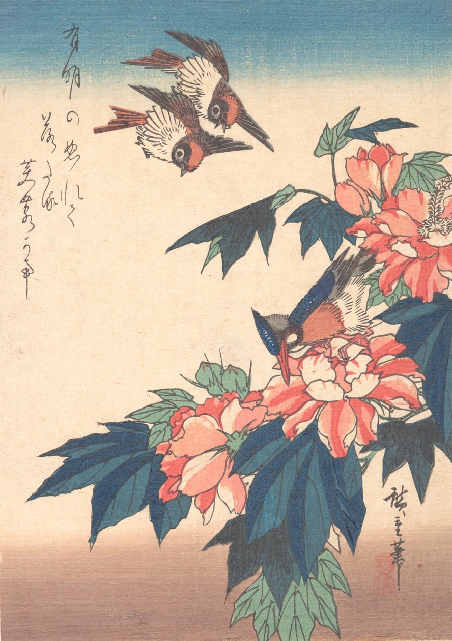 Svaler og isfugl med rosenmalve, ca. 1838., ca. 1838. af Ando Hiroshige