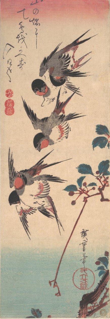 Svaler og vilde kirsebær, ca. 1834., ca. 1834. af Ando Hiroshige