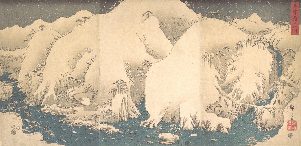 Kiso-bjergene i sne, dateret 8. måned af Snak..., dateret 8. måned af Snake-året, 1857. af Ando Hiroshige
