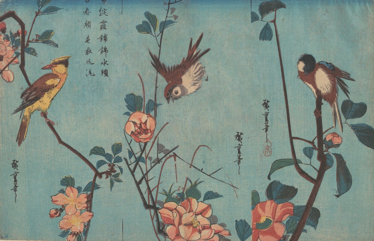 Mejse og kameliaer til højre, spurv og vilde roser i midten og sortnakket or..., ca. 1833. af Ando Hiroshige