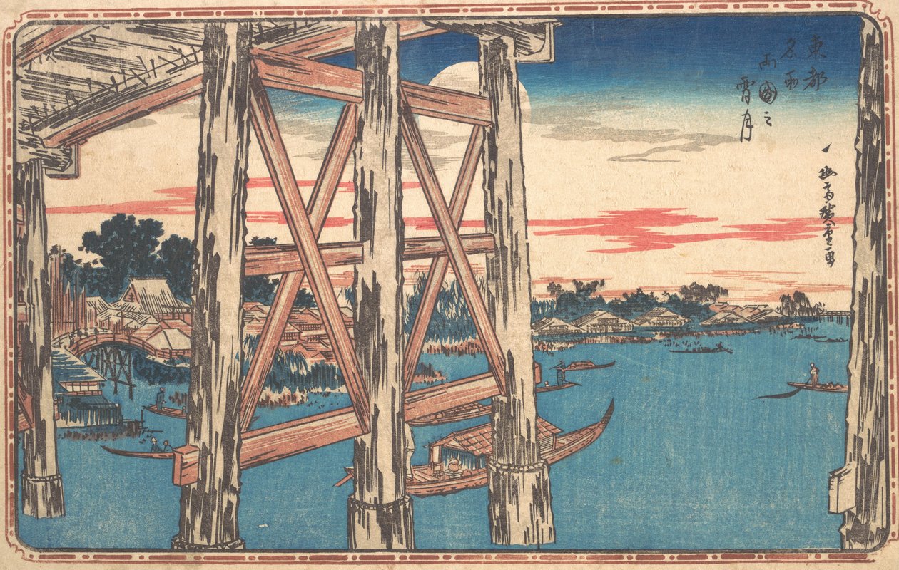 Twilight Moon ved Ryogoku Bridge. af Ando Hiroshige