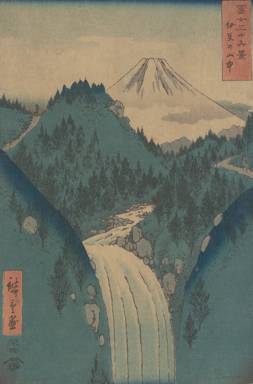 Udsigt over Fuji san fra bjergene i provinsen Izu Izu no Sanchu, fra serien..., 1858. af Ando Hiroshige