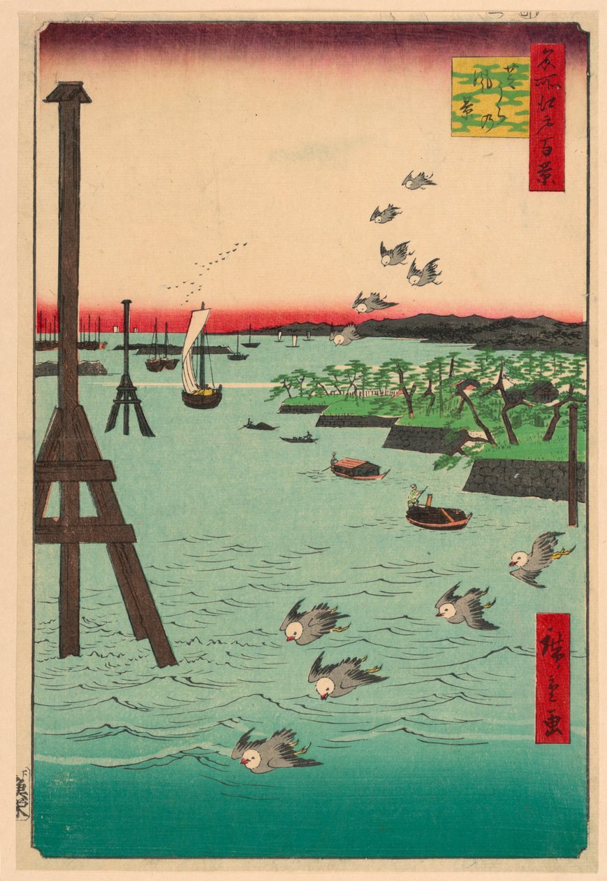 Udsigt over Shiba-kysten (Shibaura no fukei) Fra Series One Hundred Berømte udsigter over Edo af Ando Hiroshige