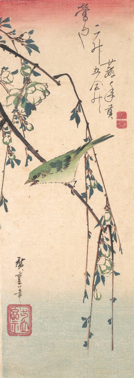 Sanger på en blommegren, ca. 1835., ca. 1835. af Ando Hiroshige