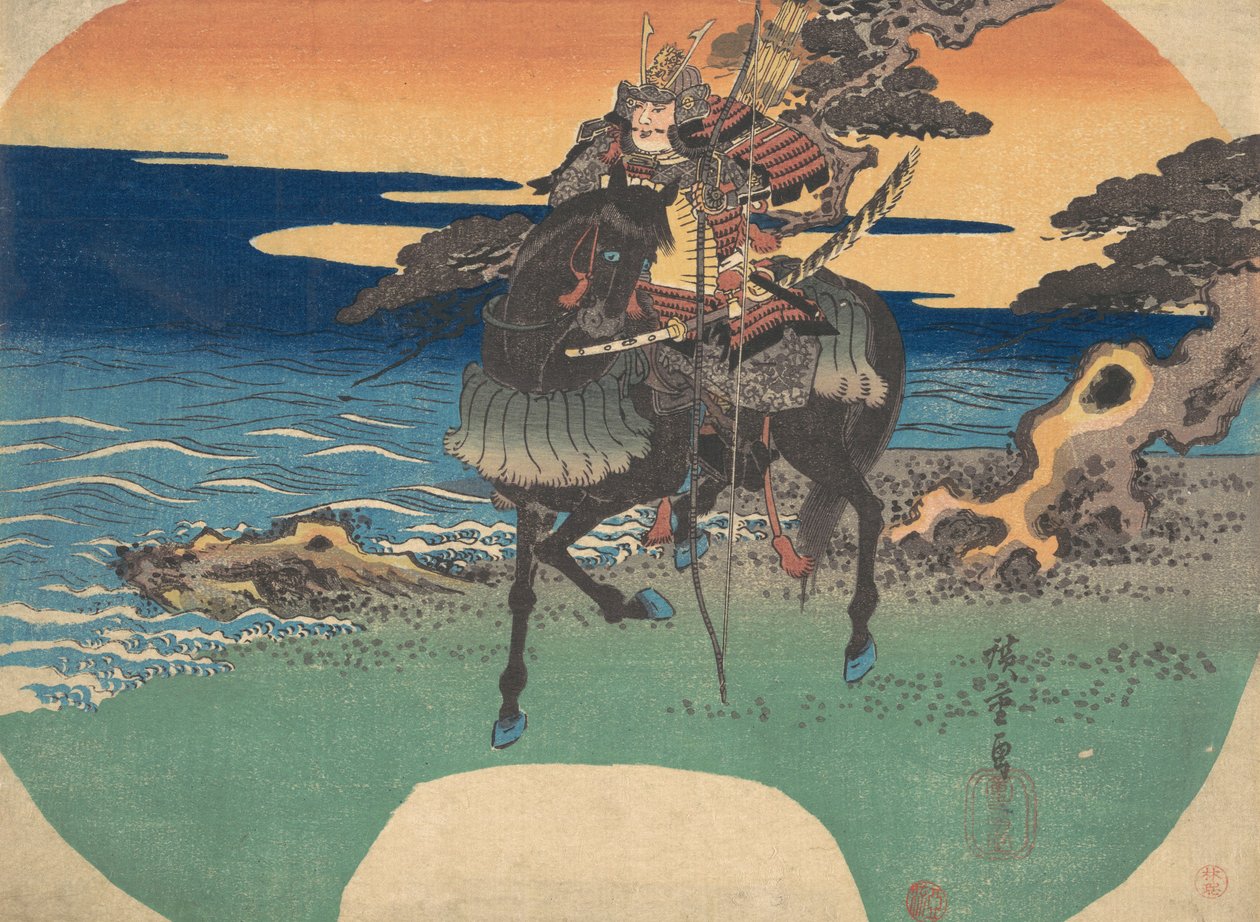 Warrior Ridning Black Horse langs Sea Shore, ca. 1835., ca. 1835. af Ando Hiroshige