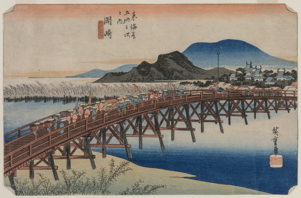 Yahagi Bridge ved Okazaki Station 39, Fra serien Fifty-Three Stations of the Tokaido, 1833. af Ando Hiroshige