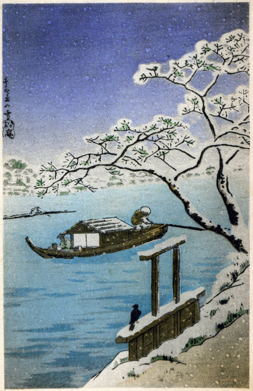 Geografi. Japan. Flod om vinteren. Træsnit af Hiroshige i: Fifty Three Stations of the Tokaido (1833-1834). Postkort, Japan, ca. 1900 (postkort) af Ando or Utagawa (after) Hiroshige