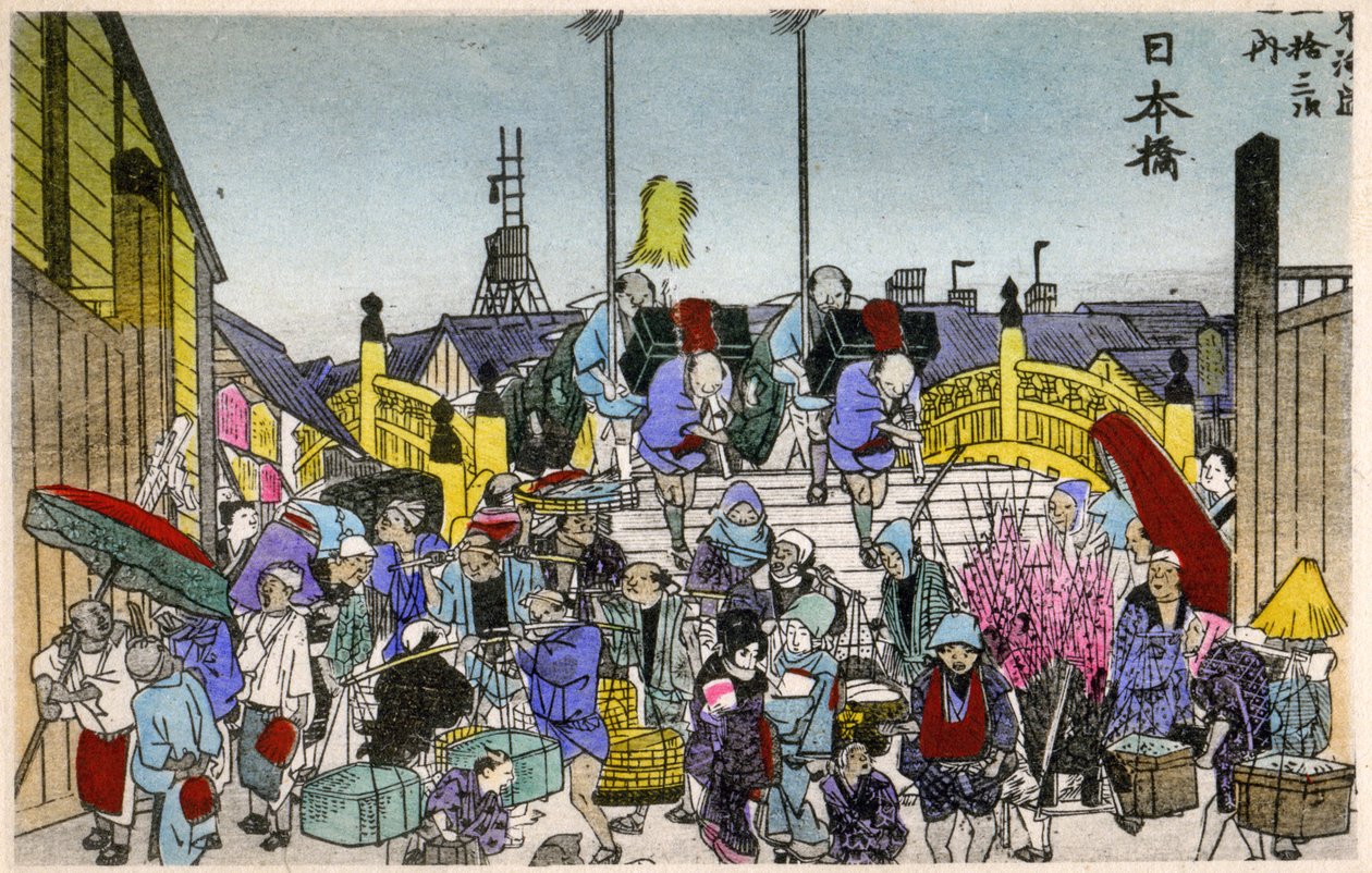 Geografi. Japan. Morgenlyset ved Nihonbashi (1. station). Træsnit af Hiroshige i: Fifty Three Stations of the Tokaido (1833-1834). Postkort, Japan, ca. 1900 (postkort) af Ando or Utagawa (after) Hiroshige