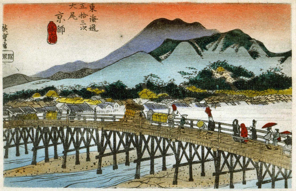 Geografi. Morgengryet ved Nihonbashi (55. station). Træsnit af Hiroshige i: Treoghalvtreds stationer på Tokaido (1833-1834). Postkort, Japan, ca. 1900 (postkort) af Ando or Utagawa (after) Hiroshige
