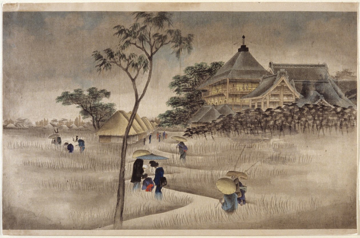 (Stor bygning m/hytter nedenfor) (samme som 17.218) af Ando or Utagawa Hiroshige