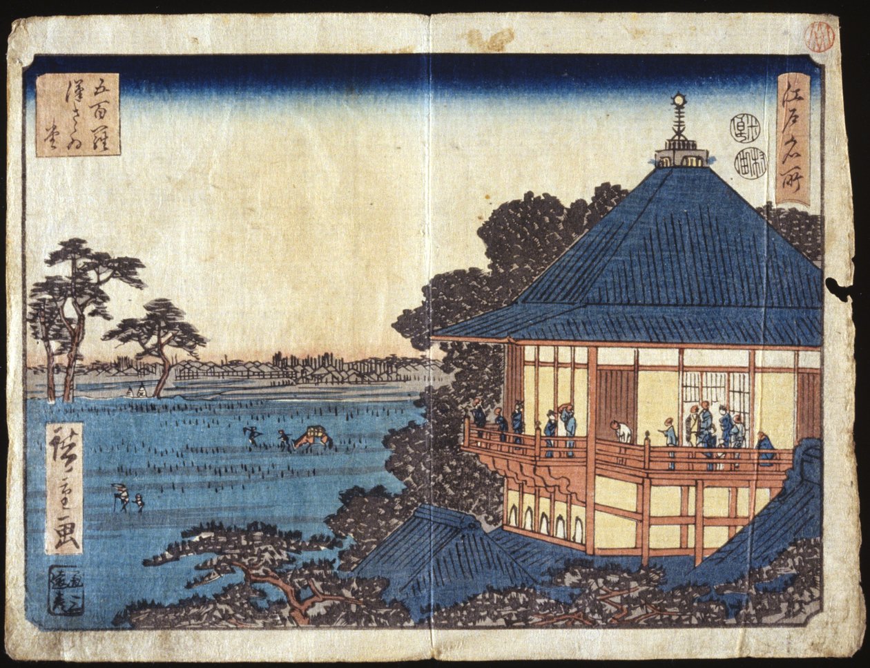 500 Arhats, Sazai Hall (farvetræsnit) af Ando or Utagawa Hiroshige