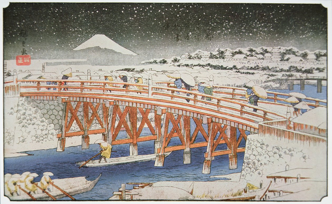 En bro i Yedo med Mount Fuji i baggrunden af Ando or Utagawa Hiroshige