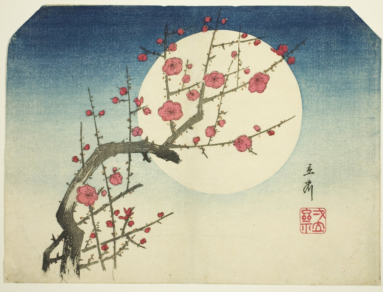 En rød blommegren mod sommermånen, ca. 1840 (træbloktryk i farver; uchiwa-e) af Ando or Utagawa Hiroshige