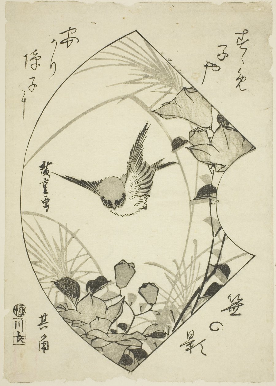 Efterårsblomst og spurv, ca. 1835 (træsnit; koban) af Ando or Utagawa Hiroshige