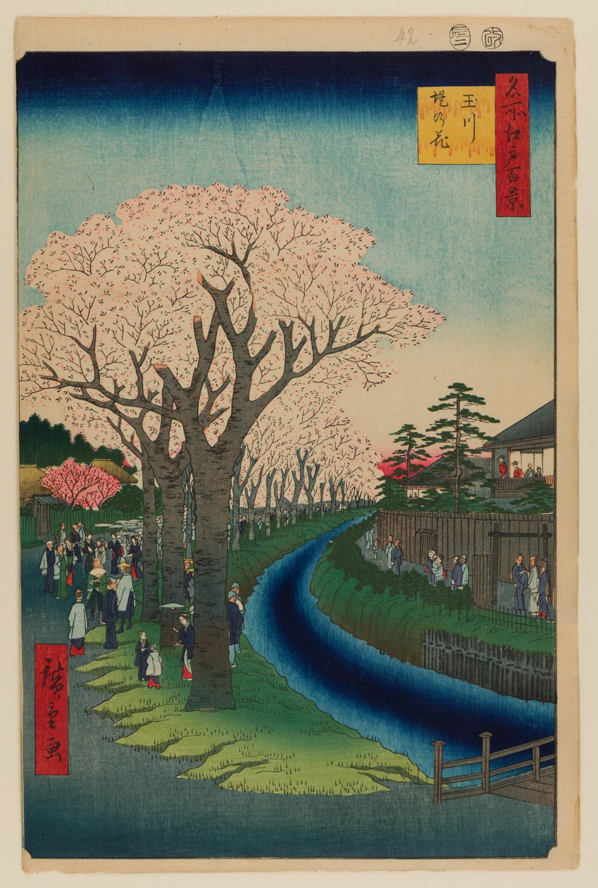 Blomster på Tama-flodens dæmning af Ando or Utagawa Hiroshige
