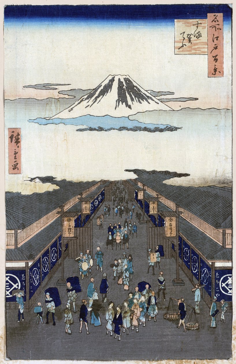 ""One Hundred Famous Views of Edo""(nuværende Tokyo): Udsigt over Surugacho (Suruga cho, Suruga-cho). Udsigt over byen Tokyo i Japan med Mount Fuji i baggrunden. (Surugacho (One Hundred Famous Views of Edo). Japansk tryk af Utagawa Hiroshige (1797-1858) af Ando or Utagawa Hiroshige
