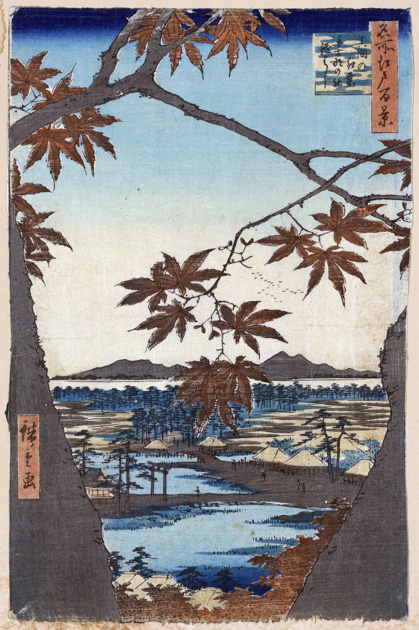 ""One Hundred Famous Views of Edo"" (Dagens Tokyo): Maple Leaves at Mama med Tekona Temple og Tsugi Bridge. Udsigt over byen Tokyo i Japan. (Ahornblade og Tekona-helligdommen og broen ved Mama (Hundrede berømte udsigter over Edo). Japansk træbloktryk af Ando or Utagawa Hiroshige