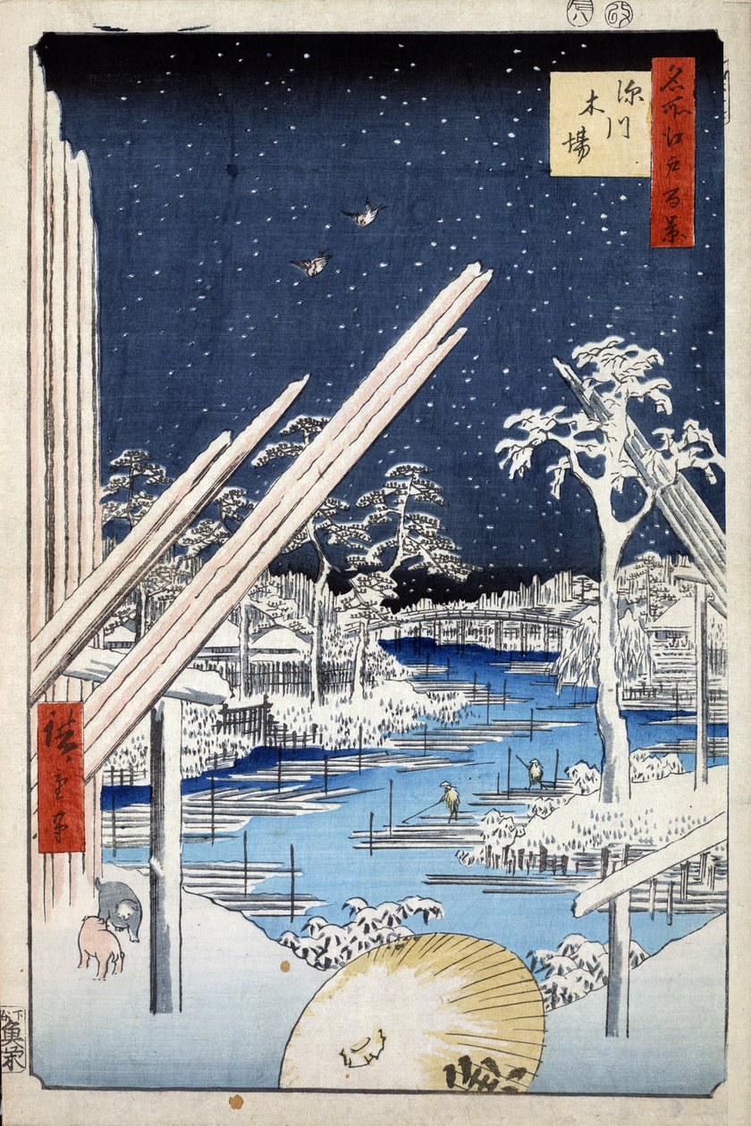 ""Hundrede berømte udsigter over Edo"": Trælast i Fukagawa. Udsigt over byen Tokyo i Japan (Tømmerpladser ved Fukagawa (Hundrede berømte udsigter over Edo). Japansk tryk af Utagawa Hiroshige (1797-1858) af Ando or Utagawa Hiroshige