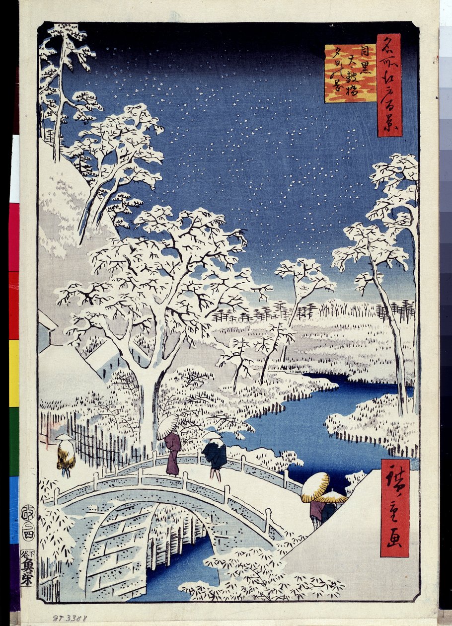 ""Hundrede berømte udsigter over Edo"": ""Mount Yuhi Hill og Meguro Bridge"". Landskab med snefnug. (Yuhi Hill and the Drum Bridge at Meguro (One Hundred Famous Views of Edo) Japansk tryk af Utagawa Hiroshige (1797-1858) 1856-1858 Erm Museum af Ando or Utagawa Hiroshige