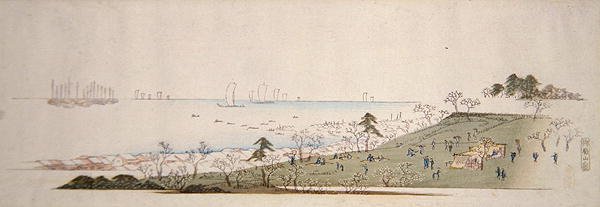 Cherry-Blossom Time, People Picnicking at Gotenyama (farvet træbloktryk) af Ando or Utagawa Hiroshige