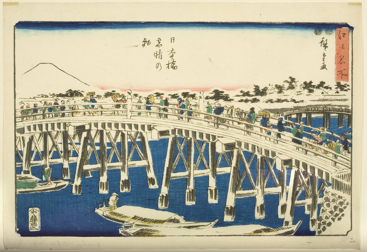 Cware r mennesker r mennesker g af hånd r S w at Nihonbashi B grund (Nihonbashi klar sne morgen) af Ando or Utagawa Hiroshige