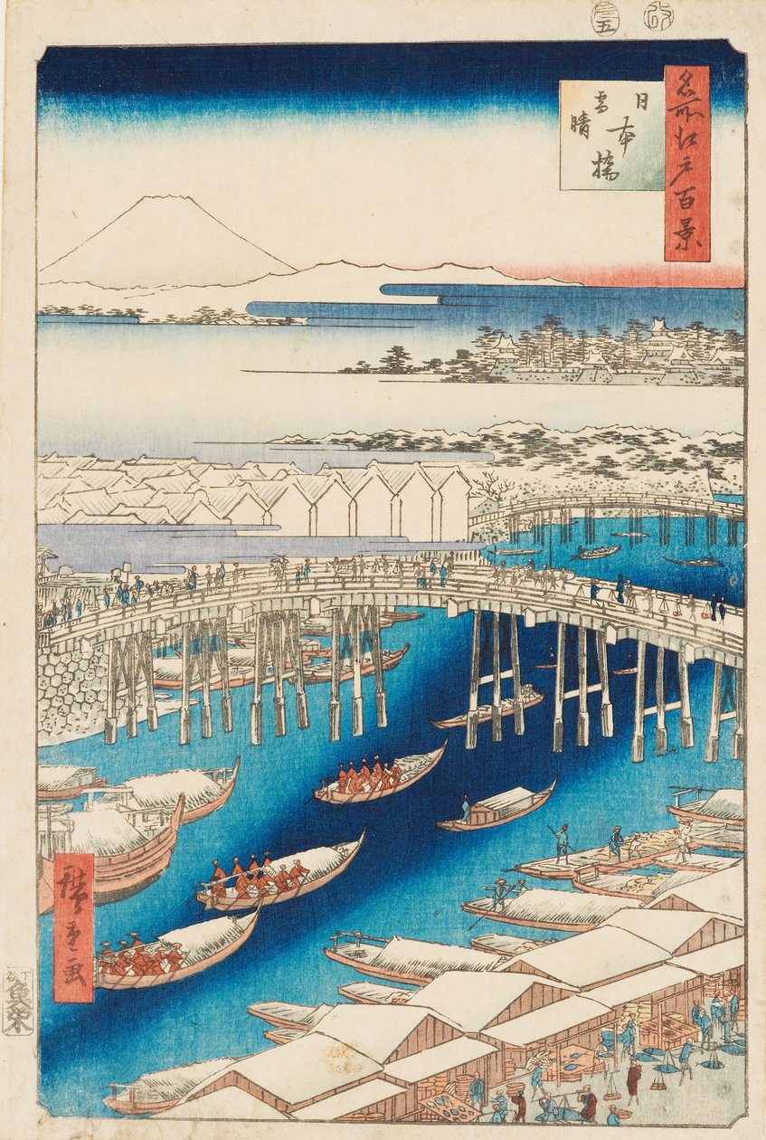 Rydning efter sne ved Nihonbashi-broen af Ando or Utagawa Hiroshige