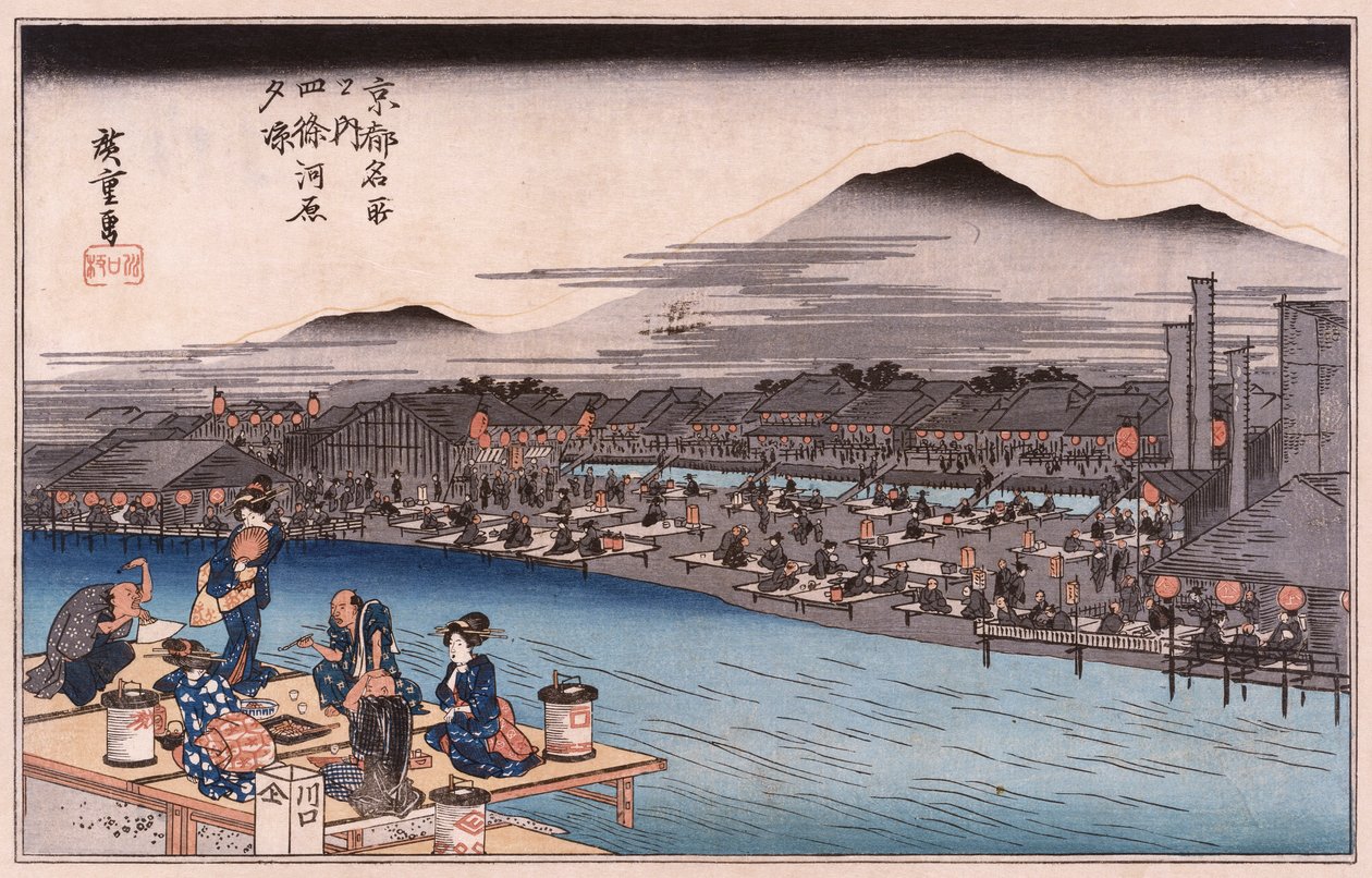 "Cool of the Evening at Shijo Riverbed", fra serien "Famous Places of Kyoto" af Ando or Utagawa Hiroshige