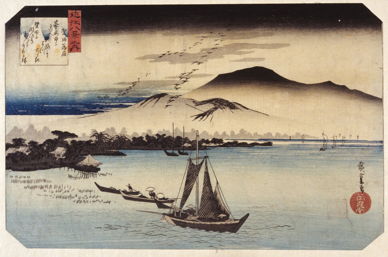 Nedstigende gæs ved Katada (træblok i farver) af Ando or Utagawa Hiroshige
