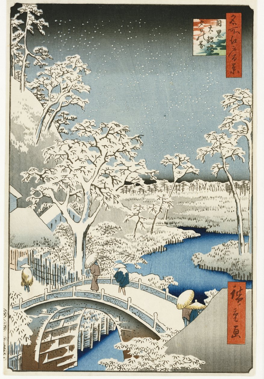 Drum Bridge og "Setting Sun" Hill, Meguro, fra serien "One Hundred Views of Famous Places in Edo", udgivet ca. 1858 af Ando or Utagawa Hiroshige