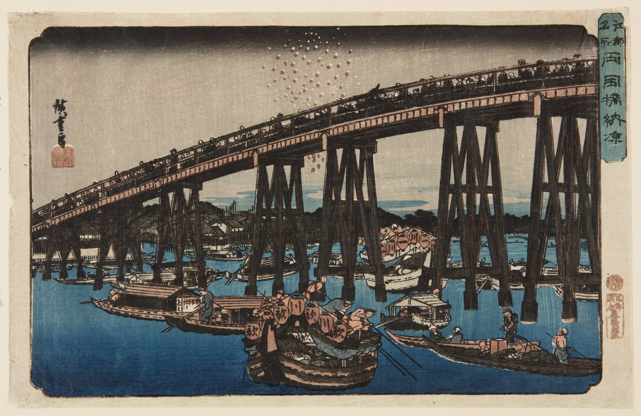 Nyder aftenen køligt på Ry?goku Bridge (Ry?goku-bashi n?ry?) (træbloktryk i farver) af Ando or Utagawa Hiroshige