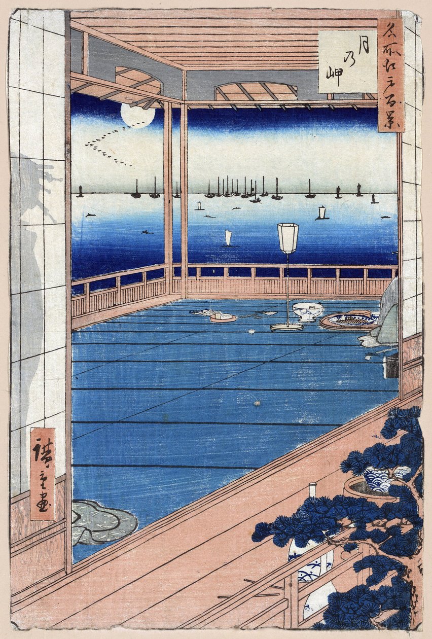 Japansk tryk: Moonlight. Serie hundrede berømte udsigter over Edo. (Måneskin. Et hundrede berømte udsigter over Edo). Værk af Utagawa Hiroshige (1797-1858), træsnit af Ando or Utagawa Hiroshige