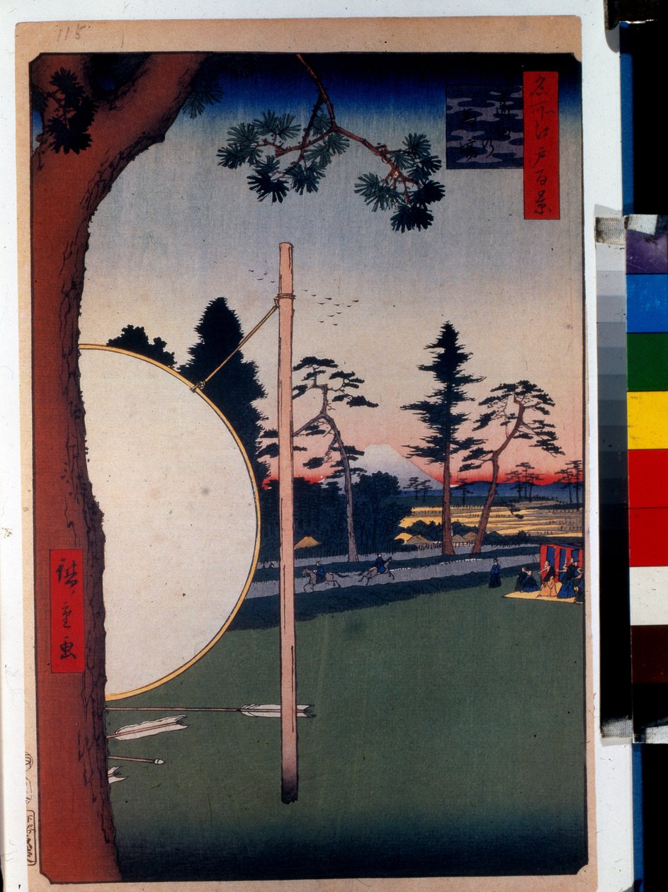 Japansk tryk: Hestevæddeløbsbanen i Takata (Tokyo, Japan). Serie hundrede berømte udsigter over Edo. (Hestebanen ved Takata, hundrede berømte udsigter over Edo). Værk af Utagawa Hiroshige (1797-1858), træsnit (39x26 cm) af Ando or Utagawa Hiroshige