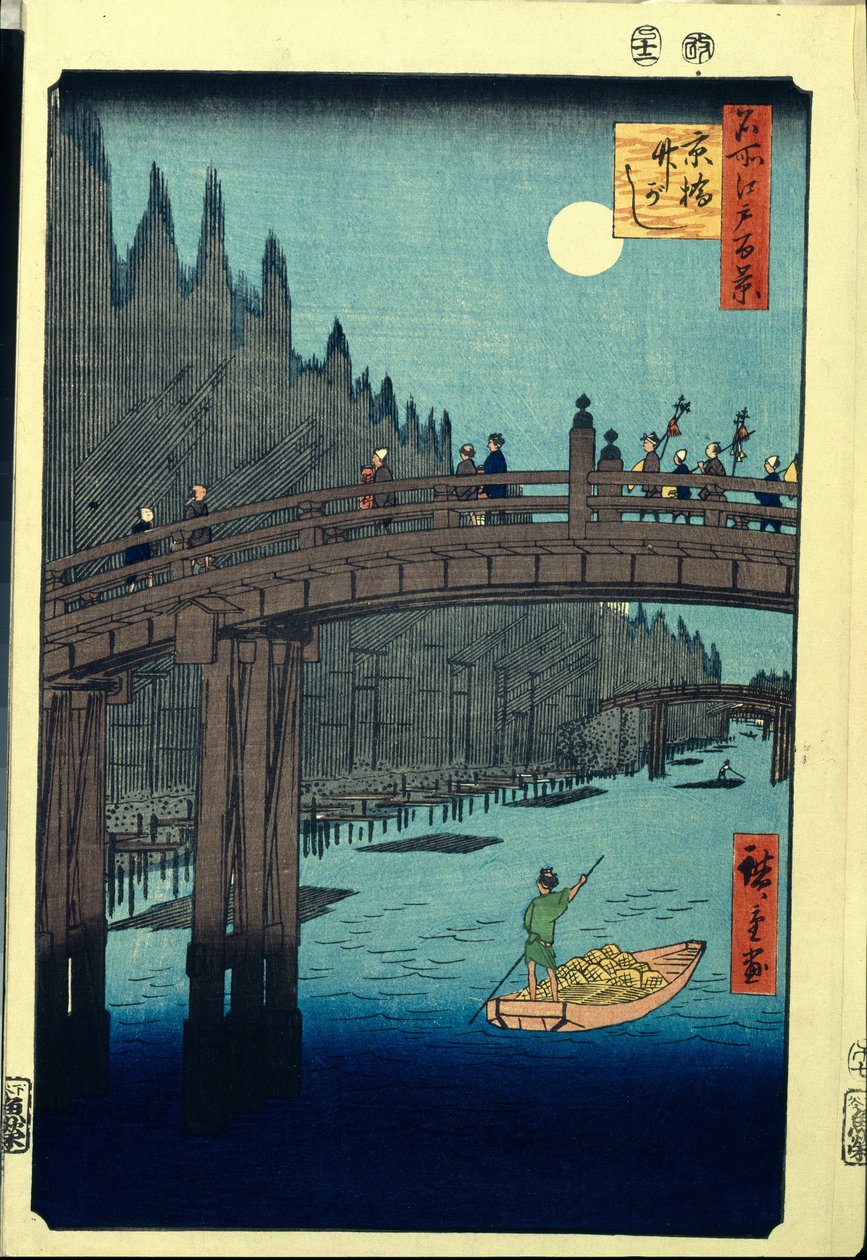 Japansk træbloktryk: The Bamboo Wharf ved Kyobashi Bridge (Tokyo, Japan). Serie hundrede berømte udsigter over Edo. (Bambuskajen ved Kyobashi-broen, hundrede berømte udsigter over Edo). Værk af Utagawa Hiroshige (1797-1858), træsnit (39x26 cm) af Ando or Utagawa Hiroshige