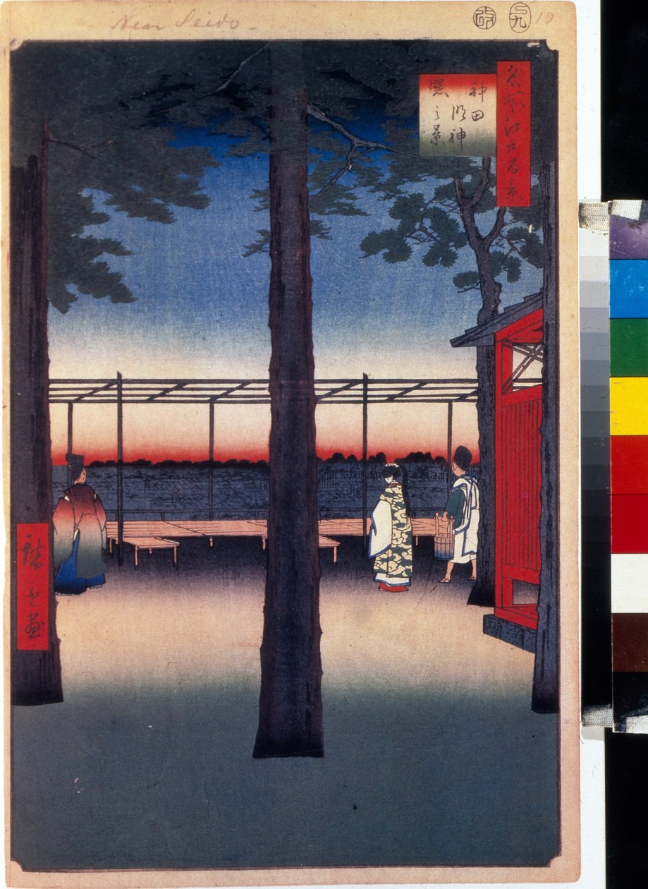 Japansk træbloktryk: daggry ved Kanda Myojin-templet (Tokyo, Japan). Serie hundrede berømte udsigter over Edo. (Daggry ved Kanda Myojin-helligdommen, hundrede berømte udsigter over Edo). Værk af Utagawa Hiroshige (1797-1858), træsnit (39x26 cm) af Ando or Utagawa Hiroshige