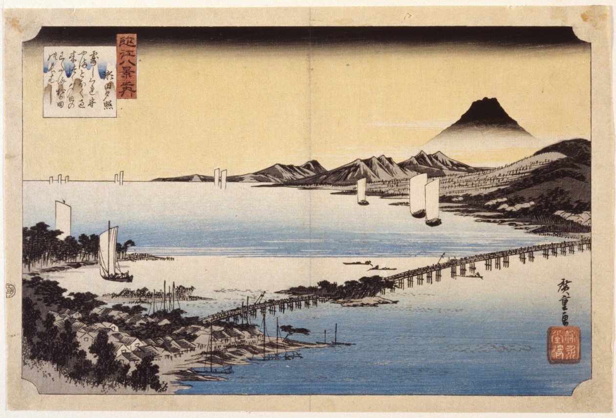 Evening Glow At Seta (træblok i farver) af Ando or Utagawa Hiroshige