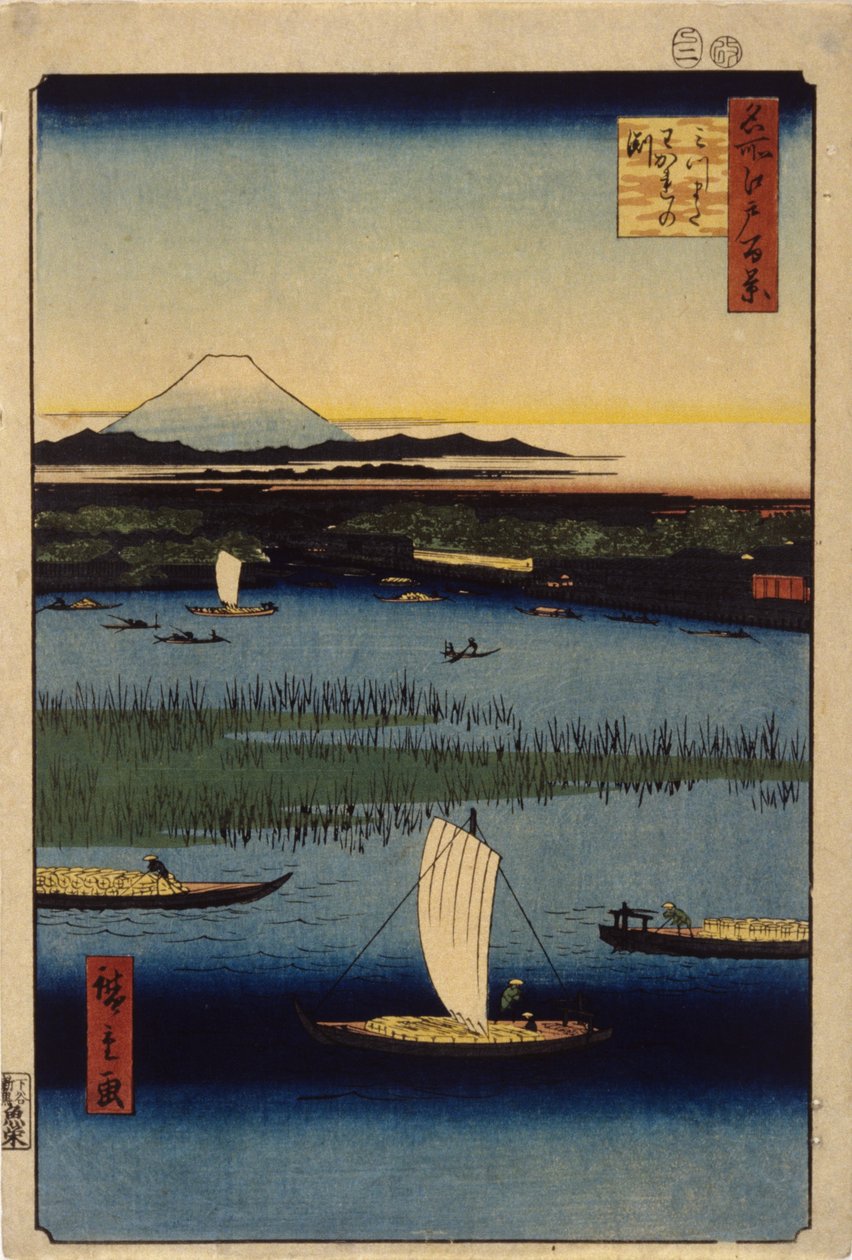Farvel Channels At Mitsumata (farvet træbloktryk) af Ando or Utagawa Hiroshige