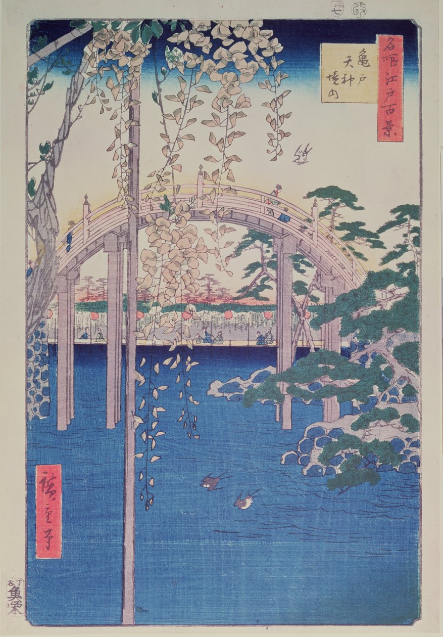 Gangbro over floden med blåregn i forgrunden i fuldt flor af Ando or Utagawa Hiroshige