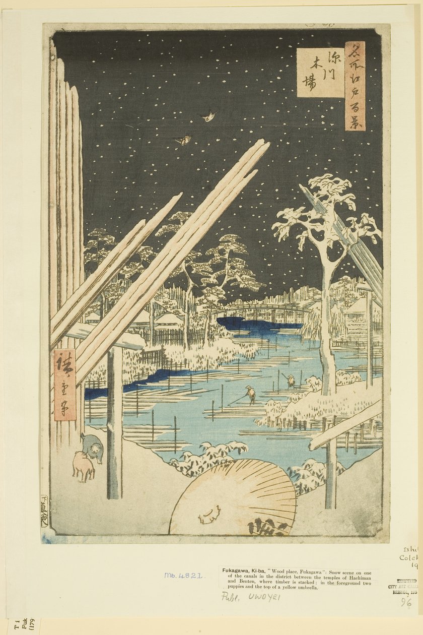 Fukagawa Lumberyards (Fukagawa Kiba) (træbloktryk i farver) af Ando or Utagawa Hiroshige