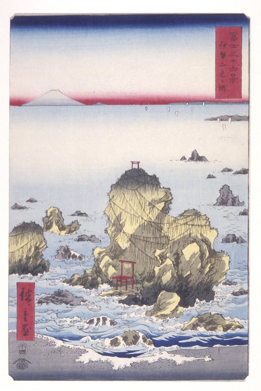 Futami Bay In Ise (Ise Futamigaura) (træblok i farver) af Ando or Utagawa Hiroshige