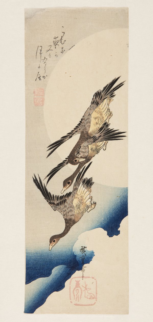 Gæs, der flyver hen over fuldmåne (træbloktryk i farver) af Ando or Utagawa Hiroshige