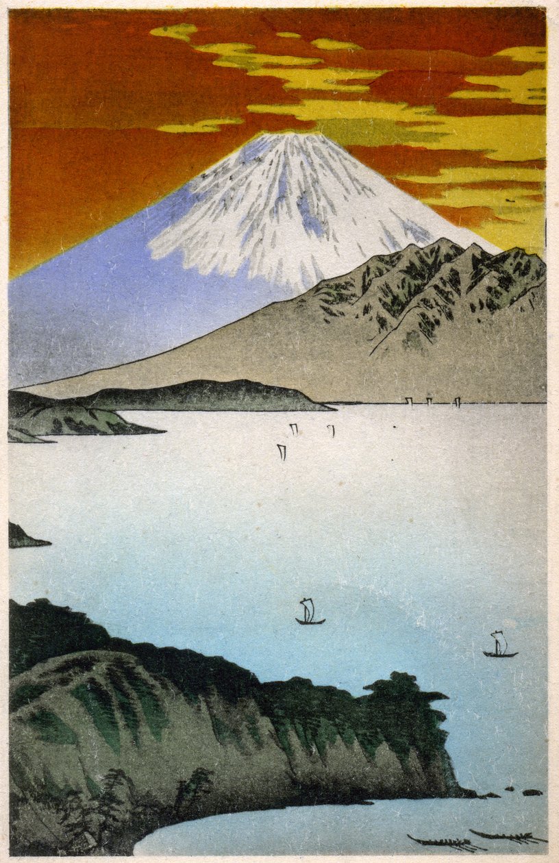 Geografi. Japan. Solopgang på Fuji-bjerget. Træsnit af Hiroshige i: Fifty Three Stations of the Tokaido (1833-1834). Postkort, Japan, ca. 1900 (postkort) af Ando or Utagawa Hiroshige
