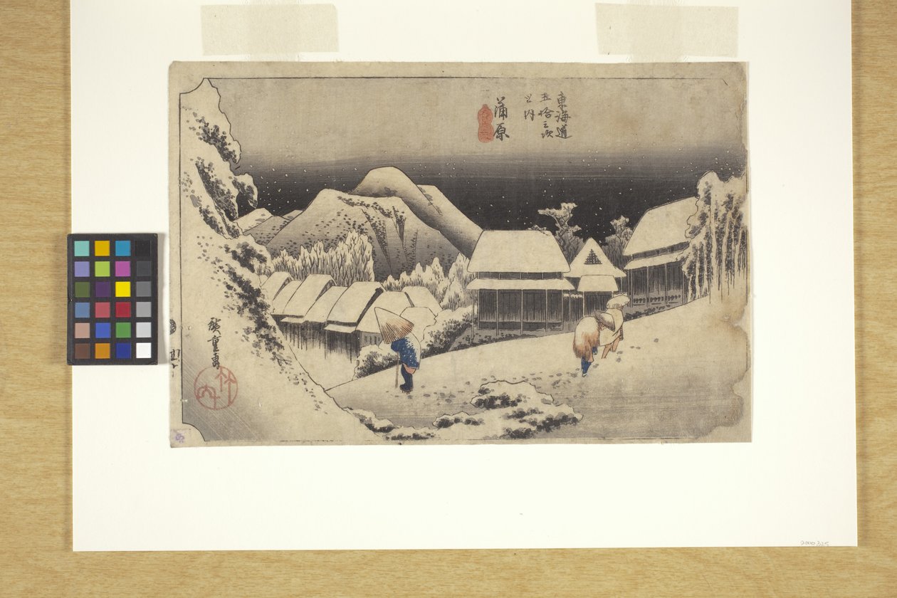 Kanbara, Night Snow (farvetræsnit) af Ando or Utagawa Hiroshige