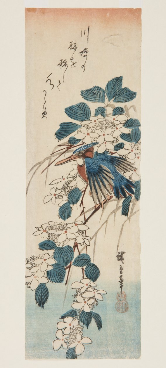 Kingfisher og Viburnum (træbloktryk i farver) af Ando or Utagawa Hiroshige