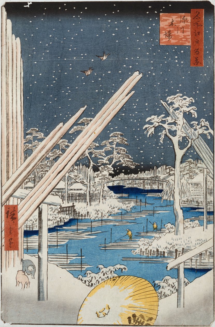 Lumberyards At Fukagawa, fra serien "One Hundred Views Of Famous Places In Edo" af Ando or Utagawa Hiroshige