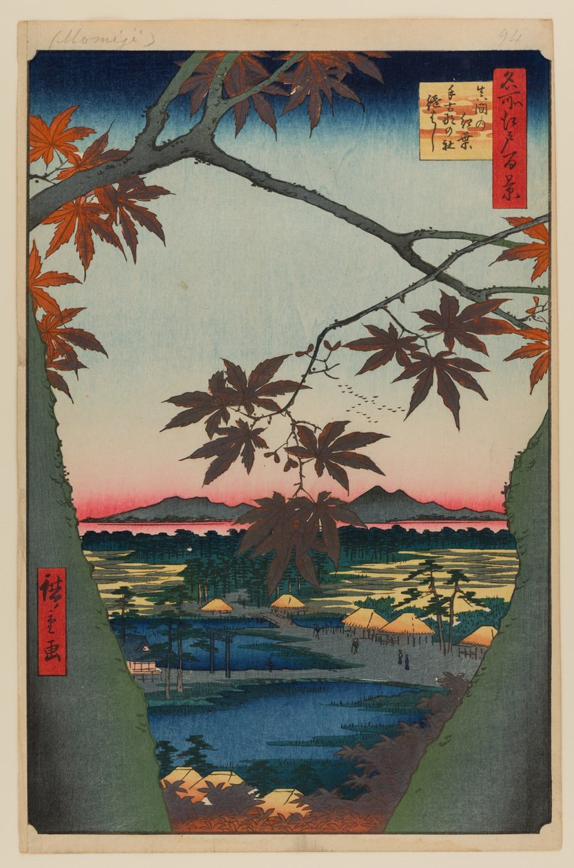 Ahorntræer ved Mama, Tekona-helligdommen og den forbundne bro af Ando or Utagawa Hiroshige