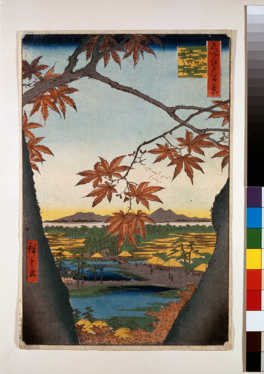 Ahorntræer ved Mama, Tekona-helligdommen og Linked Bridge af Ando or Utagawa Hiroshige